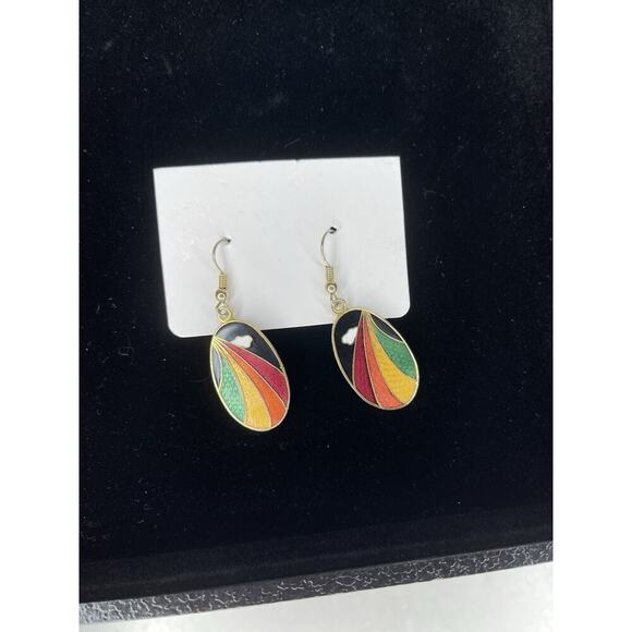 Vintage Gold Rainbow Oval Pierced Dangle Earrings Unique 80s - Picture 2 of 5